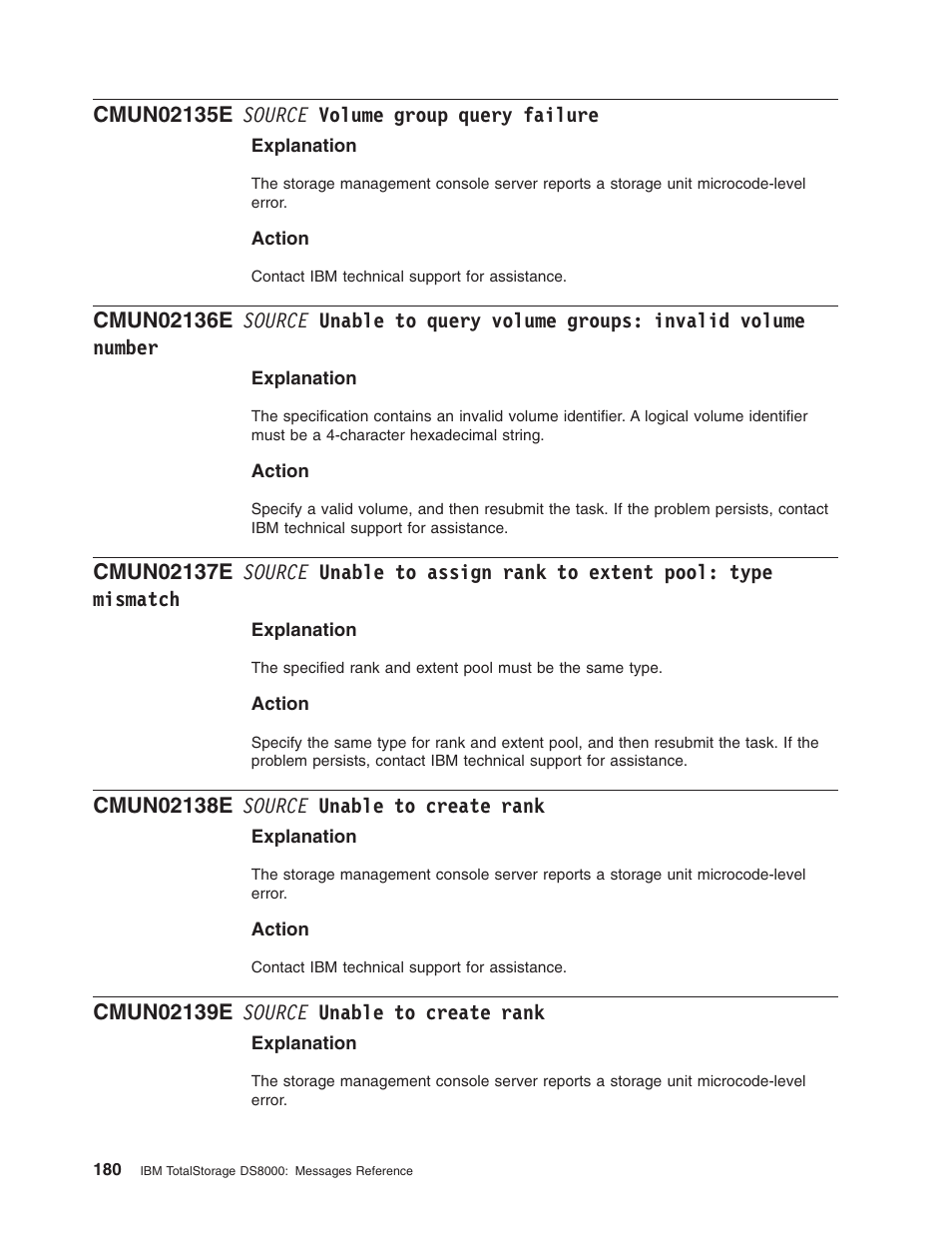 Cmun02135e source volume group query failure, Cmun02138e source unable to create rank, Cmun02139e source unable to create rank | Source, Volume, Group, Query, Failure, Unable, Groups | IBM TOTAL STORAGE DS8000 User Manual | Page 200 / 374