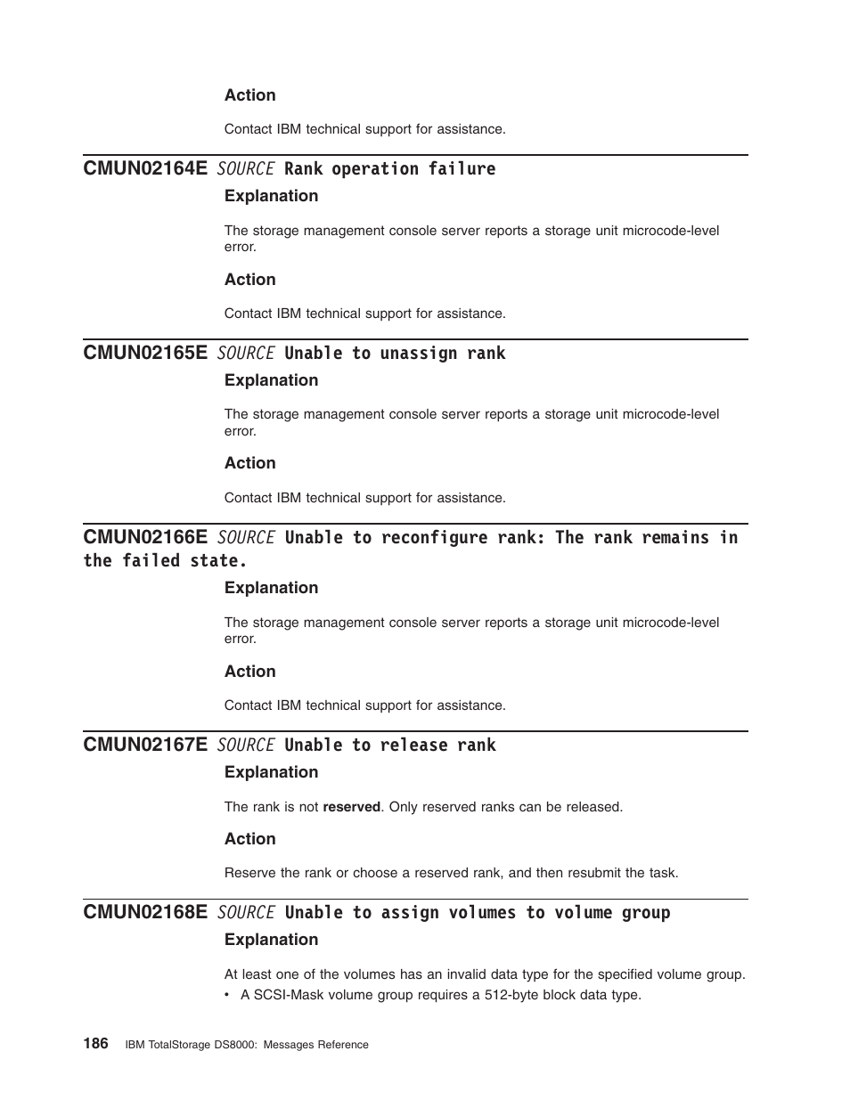 Cmun02164e source rank operation failure, Cmun02165e source unable to unassign rank, Cmun02167e source unable to release rank | Source, Rank, Operation, Failure, Unable, Unassign, Reconfigure | IBM TOTAL STORAGE DS8000 User Manual | Page 206 / 374
