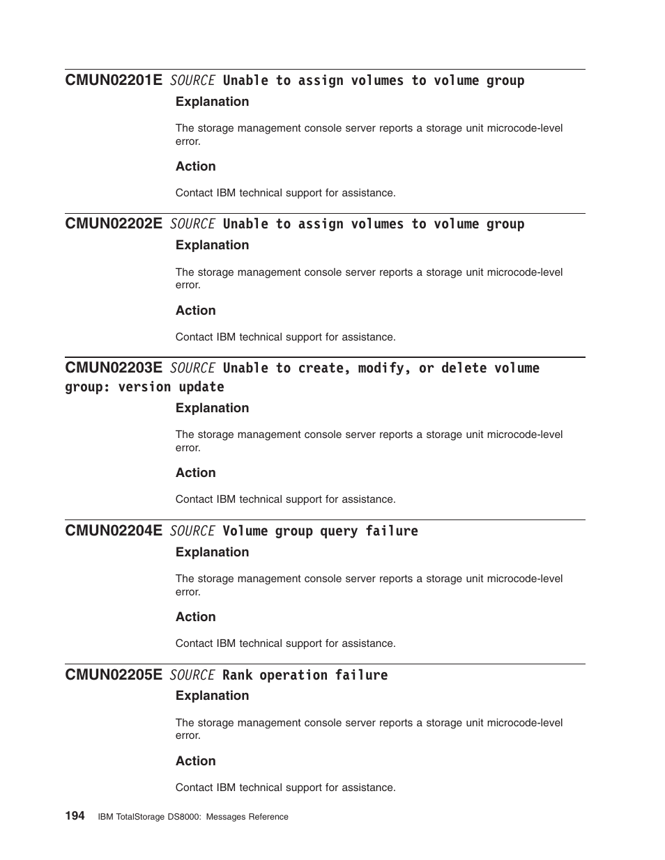 Cmun02204e source volume group query failure, Cmun02205e source rank operation failure, Source | Unable, Assign, Volumes, Volume, Group, Create, Modify | IBM TOTAL STORAGE DS8000 User Manual | Page 214 / 374