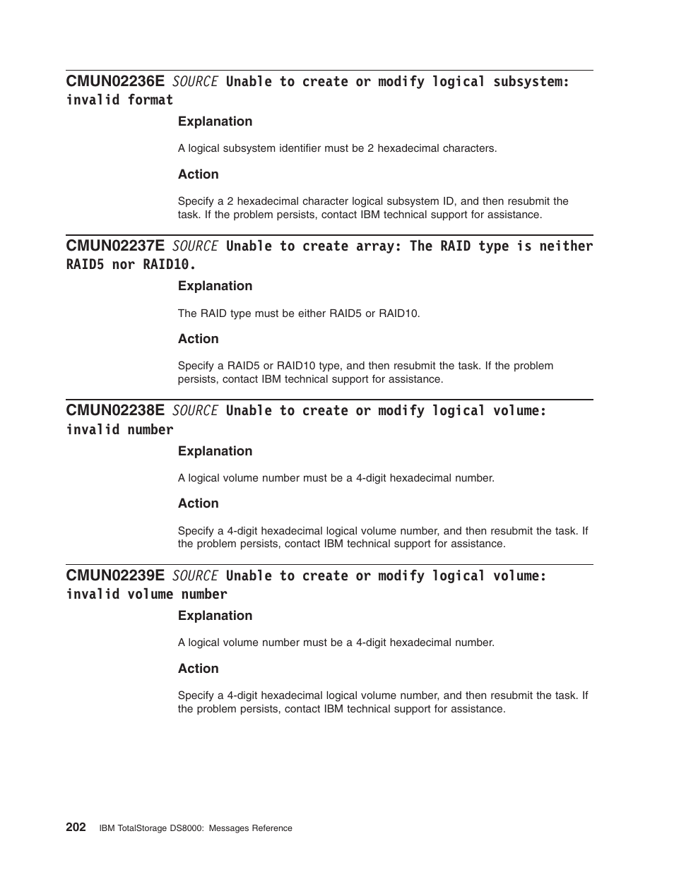 Source, Unable, Create | Modify, Logical, Subsystem, Invalid, Format, Array, Raid | IBM TOTAL STORAGE DS8000 User Manual | Page 222 / 374