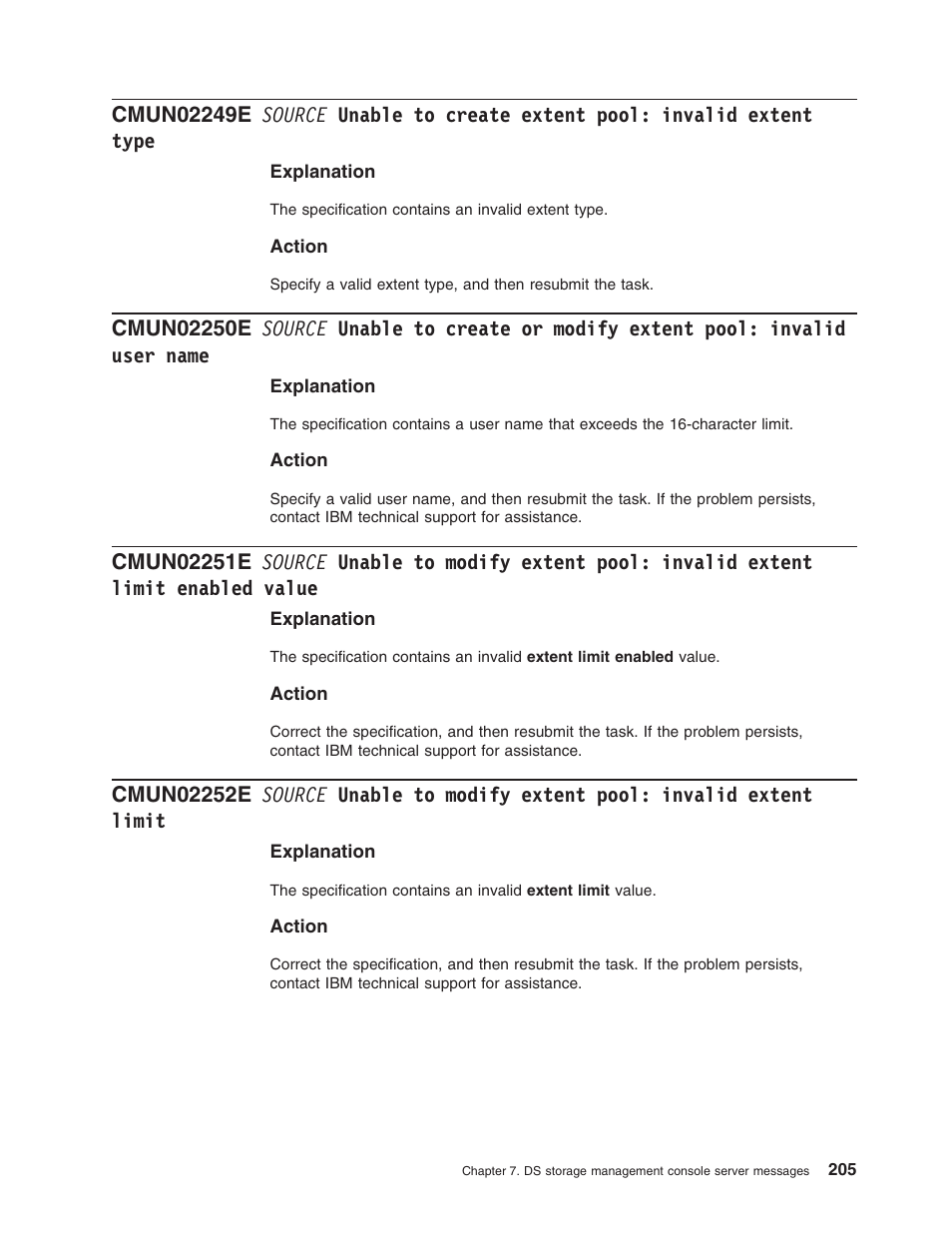 Source, Unable, Create | Extent, Pool, Invalid, Type, Modify, User, Name | IBM TOTAL STORAGE DS8000 User Manual | Page 225 / 374