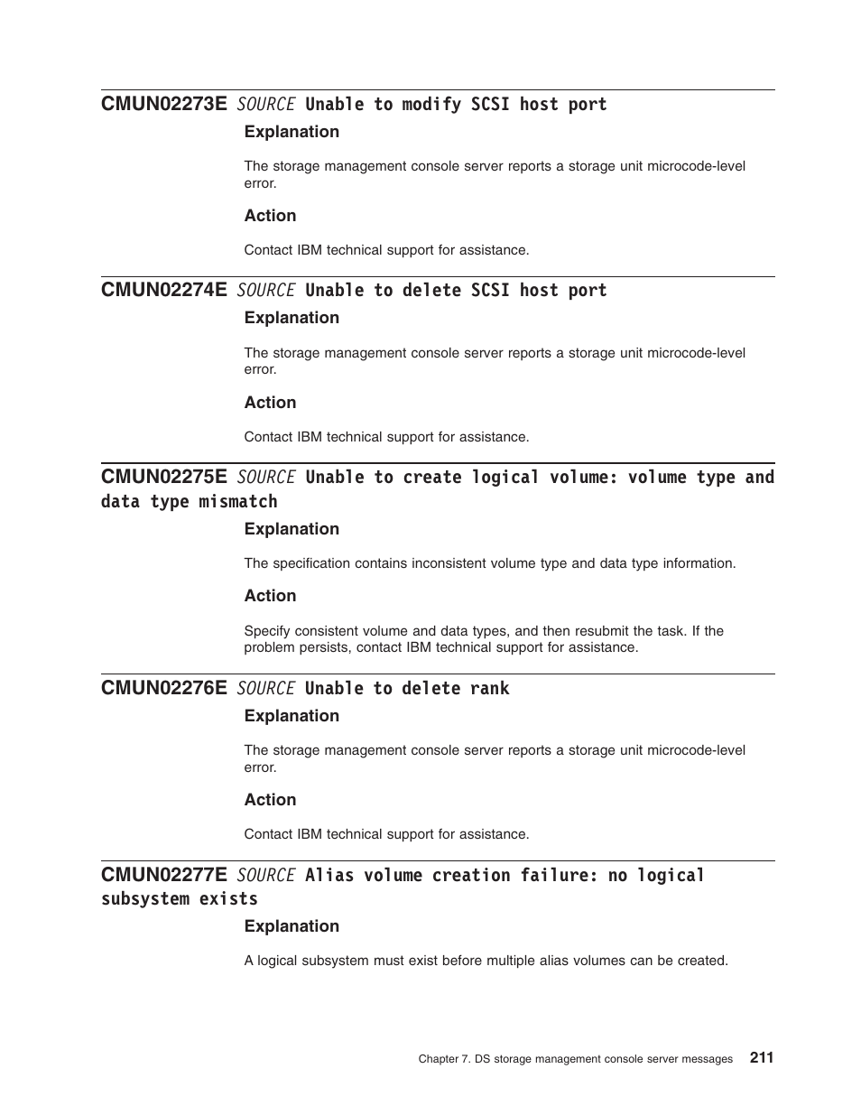 Cmun02273e source unable to modify scsi host port, Cmun02274e source unable to delete scsi host port, Cmun02276e source unable to delete rank | Source, Unable, Modify, Scsi, Host, Port, Delete | IBM TOTAL STORAGE DS8000 User Manual | Page 231 / 374