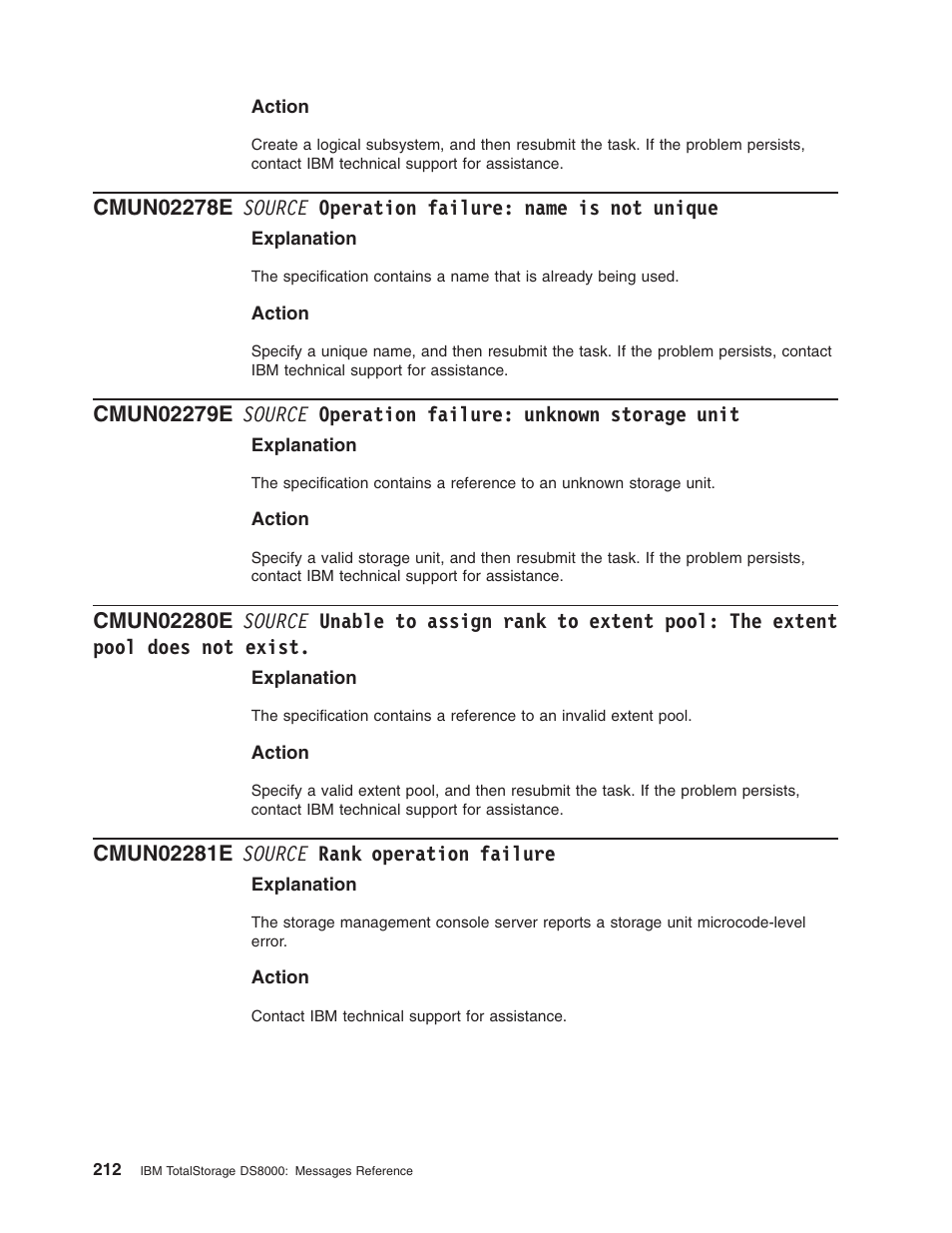 Cmun02281e source rank operation failure, Source, Operation | Failure, Name, Unique, Unknown, Storage, Unit, Unable | IBM TOTAL STORAGE DS8000 User Manual | Page 232 / 374