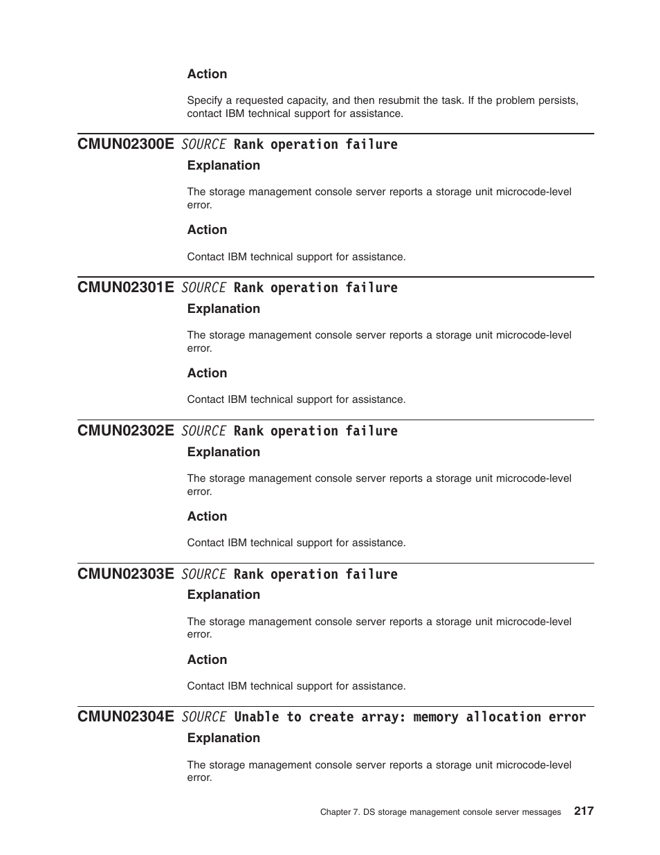 Cmun02300e source rank operation failure, Cmun02301e source rank operation failure, Cmun02302e source rank operation failure | Cmun02303e source rank operation failure, Source, Rank, Operation, Failure, Unable, Create | IBM TOTAL STORAGE DS8000 User Manual | Page 237 / 374