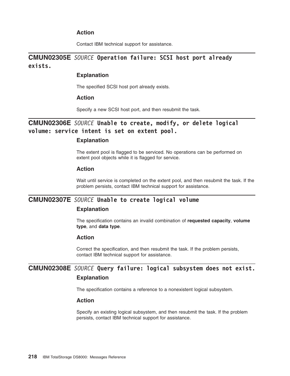 Cmun02307e source unable to create logical volume, Source, Operation | Failure, Scsi, Host, Port, Already, Exists, Unable | IBM TOTAL STORAGE DS8000 User Manual | Page 238 / 374