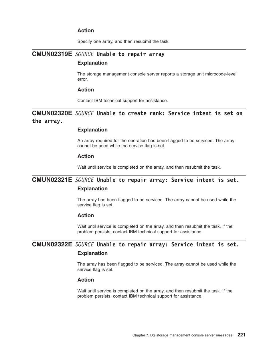 Cmun02319e source unable to repair array, Source, Unable | Repair, Array, Create, Rank, Service, Intent | IBM TOTAL STORAGE DS8000 User Manual | Page 241 / 374