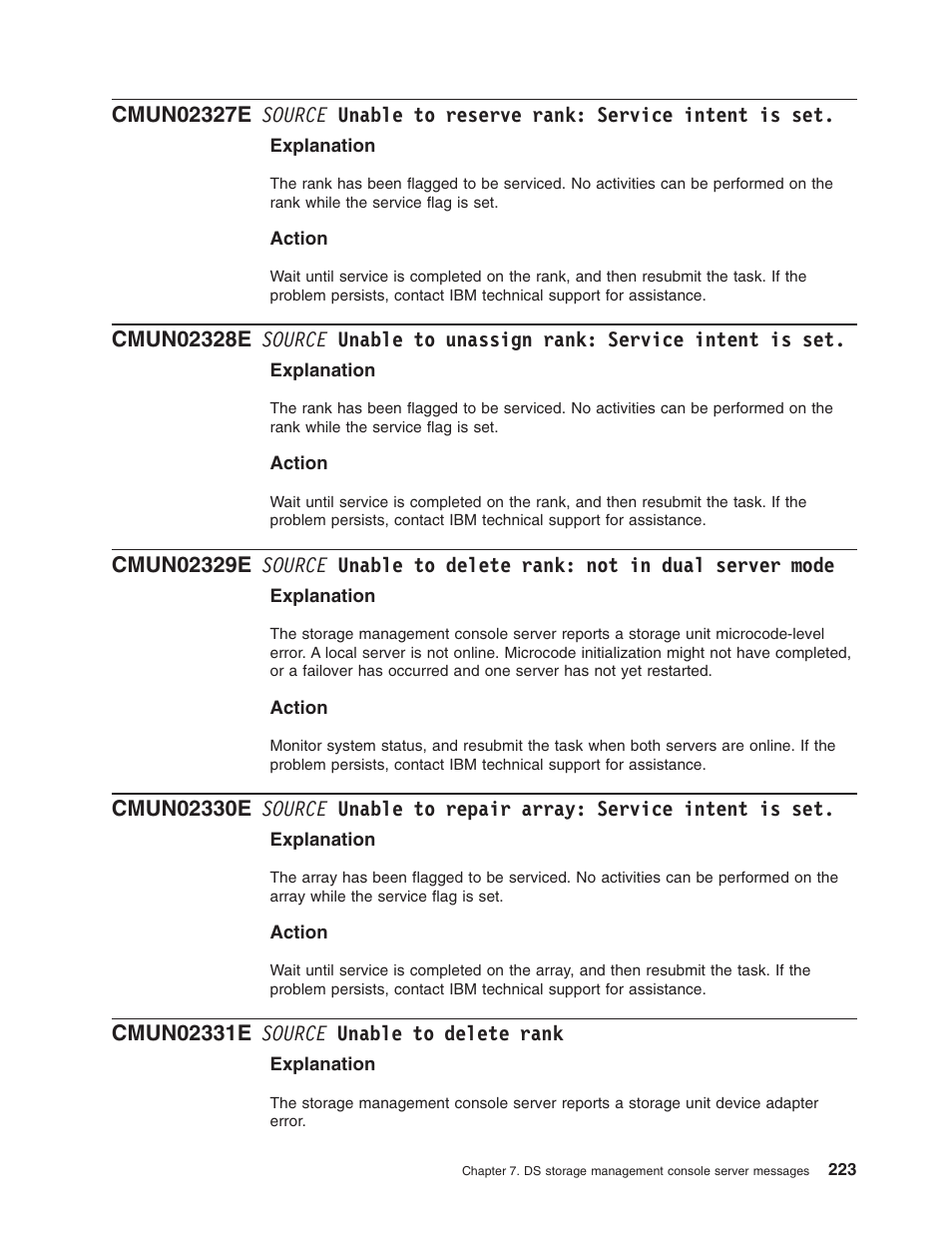 Cmun02331e source unable to delete rank, Source, Unable | Reserve, Rank, Service, Intent, Unassign, Delete, Dual | IBM TOTAL STORAGE DS8000 User Manual | Page 243 / 374