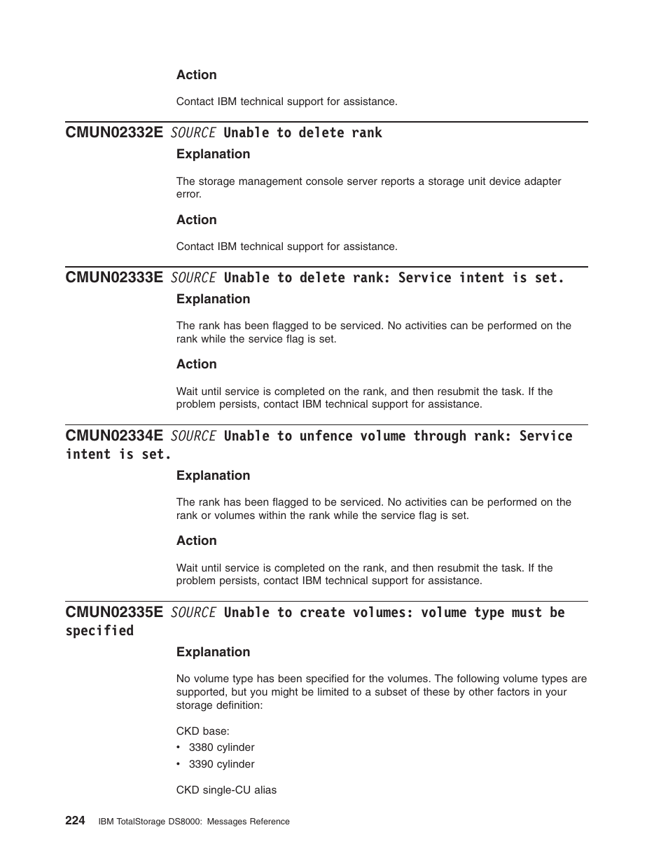 Cmun02332e source unable to delete rank, Source, Unable | Delete, Rank, Service, Intent, Unfence, Volume, Through | IBM TOTAL STORAGE DS8000 User Manual | Page 244 / 374