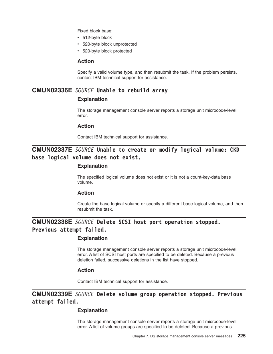 Cmun02336e source unable to rebuild array, Source, Unable | Rebuild, Array, Create, Modify, Logical, Volume, Base | IBM TOTAL STORAGE DS8000 User Manual | Page 245 / 374