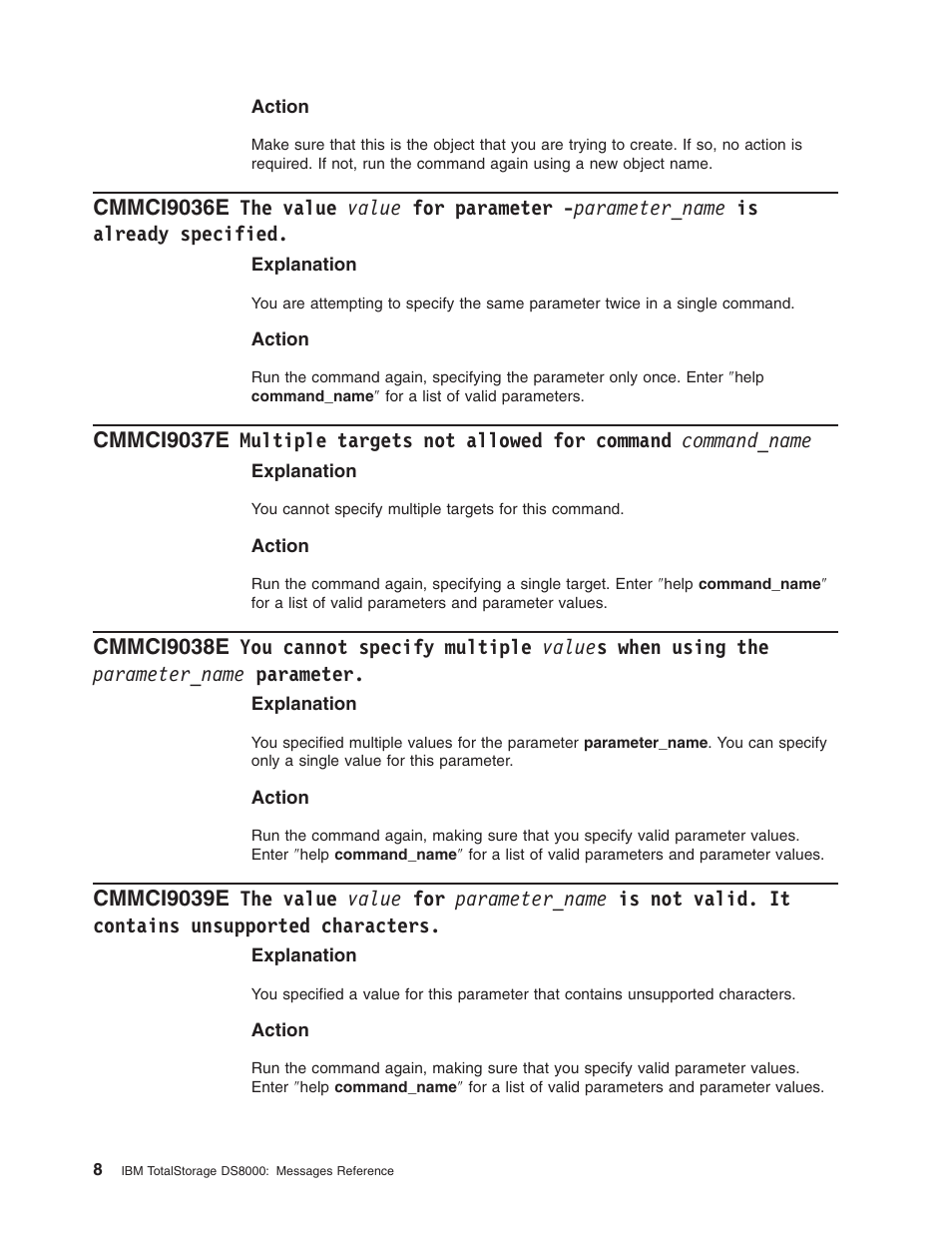 Cmmci9036e, Value, Parameter | Parameter_name, Already, Specified, Cmmci9037e, Multiple, Targets, Allowed | IBM TOTAL STORAGE DS8000 User Manual | Page 28 / 374