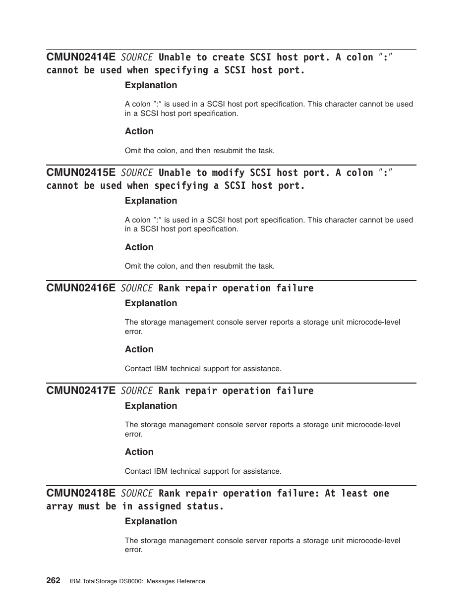Cmun02416e source rank repair operation failure, Cmun02417e source rank repair operation failure, Source | Unable, Create, Scsi, Host, Port, Colon, Cannot | IBM TOTAL STORAGE DS8000 User Manual | Page 282 / 374