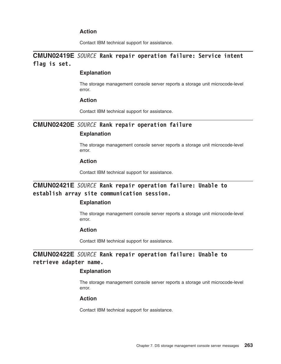 Cmun02420e source rank repair operation failure, Source, Rank | Repair, Operation, Failure, Service, Intent, Flag, Unable | IBM TOTAL STORAGE DS8000 User Manual | Page 283 / 374
