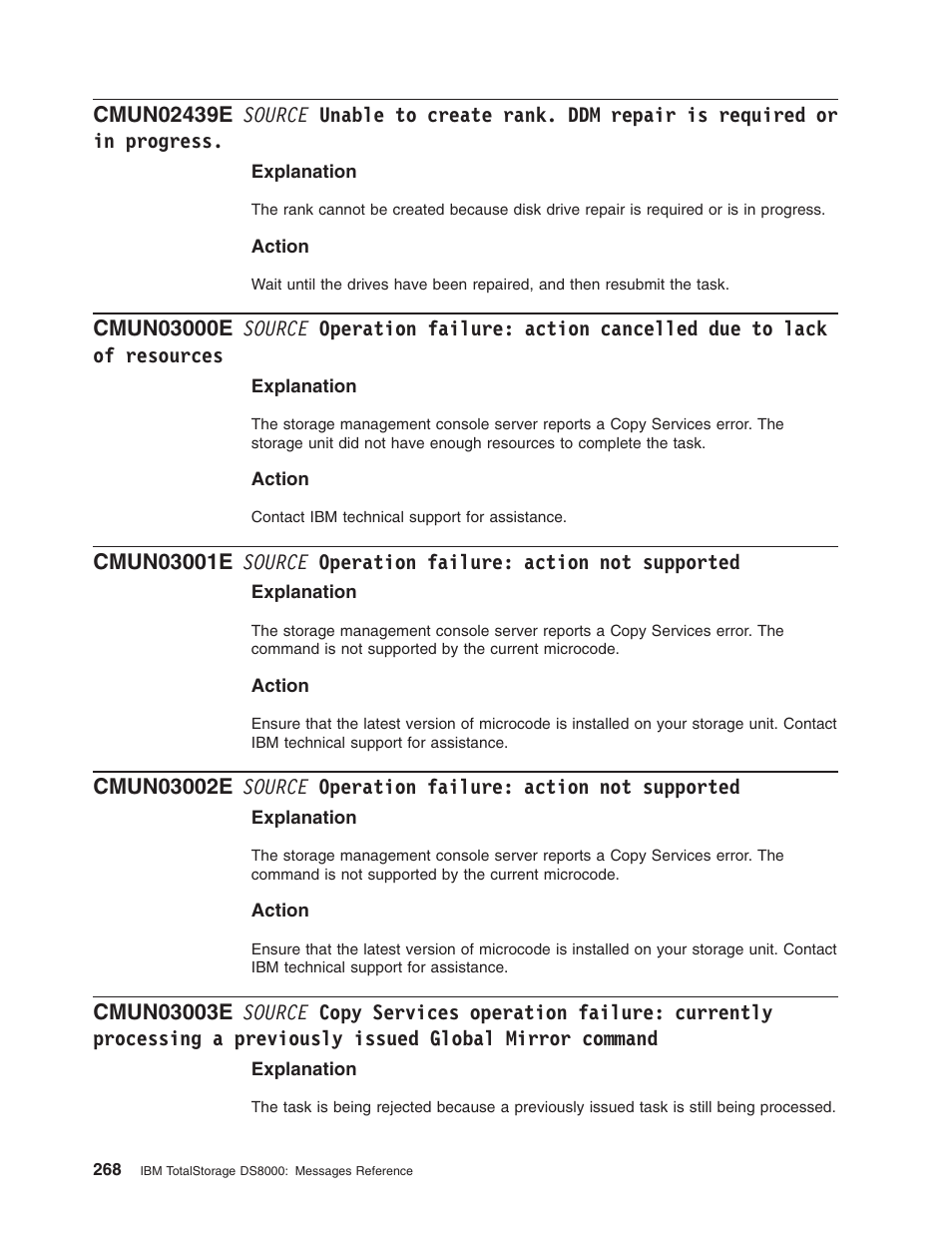 Source, Unable, Create | Rank, Repair, Required, Progress, Operation, Failure, Action | IBM TOTAL STORAGE DS8000 User Manual | Page 288 / 374