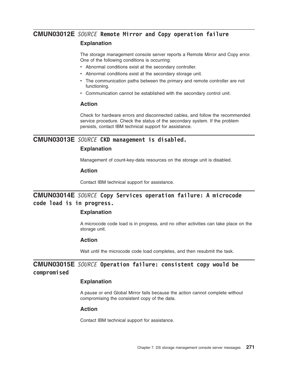 Cmun03013e source ckd management is disabled, Source, Remote | Mirror, Copy, Operation, Failure, Management, Disabled, Services | IBM TOTAL STORAGE DS8000 User Manual | Page 291 / 374