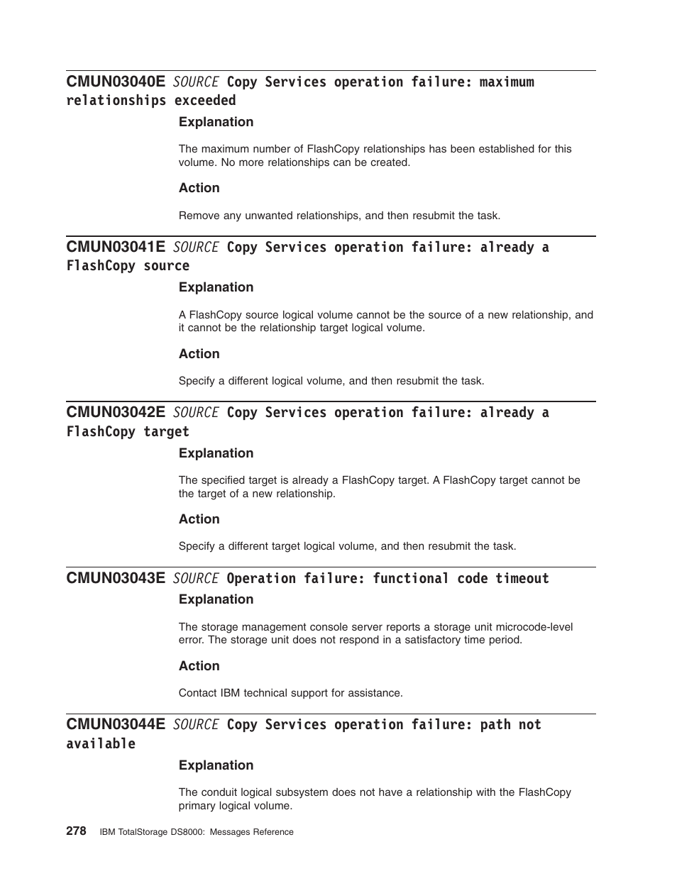 Source, Copy, Services | Operation, Failure, Maximum, Relationships, Exceeded, Already, Flashcopy | IBM TOTAL STORAGE DS8000 User Manual | Page 298 / 374