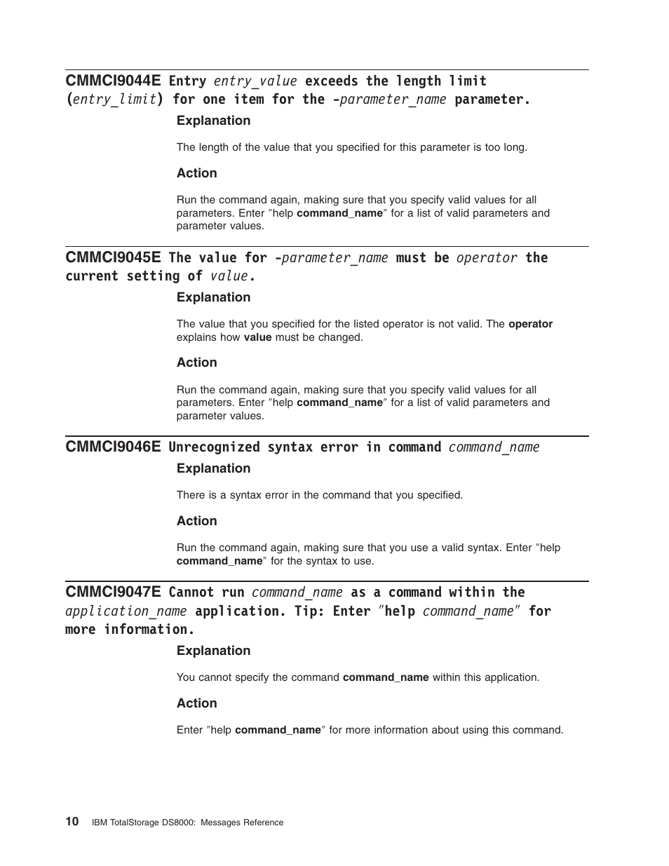 Cmmci9044e, Entry, Entry_value | Exceeds, Length, Limit, Entry_limit ), Item, Parameter_name, Parameter | IBM TOTAL STORAGE DS8000 User Manual | Page 30 / 374