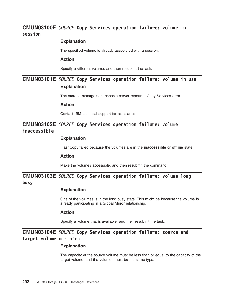 Source, Copy, Services | Operation, Failure, Volume, Session, Inaccessible, Long, Busy | IBM TOTAL STORAGE DS8000 User Manual | Page 312 / 374
