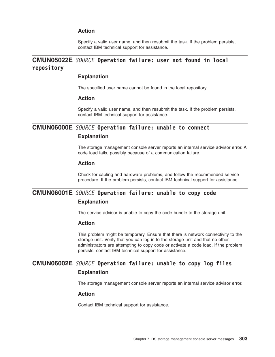 Source, Operation, Failure | User, Found, Local, Repository, Unable, Connect, Copy | IBM TOTAL STORAGE DS8000 User Manual | Page 323 / 374