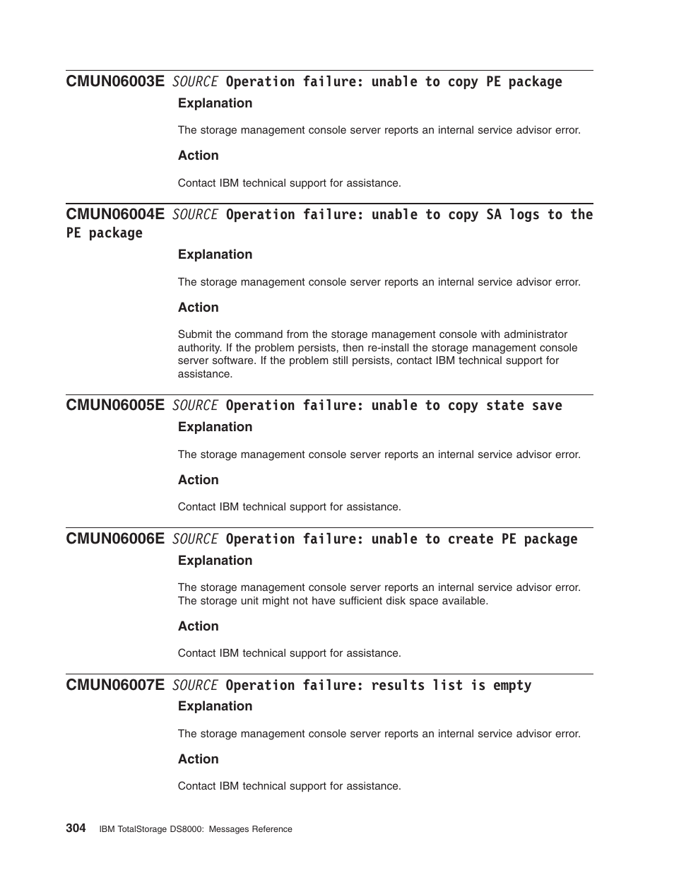 Source, Operation, Failure | Unable, Copy, Package, Logs, State, Save, Create | IBM TOTAL STORAGE DS8000 User Manual | Page 324 / 374