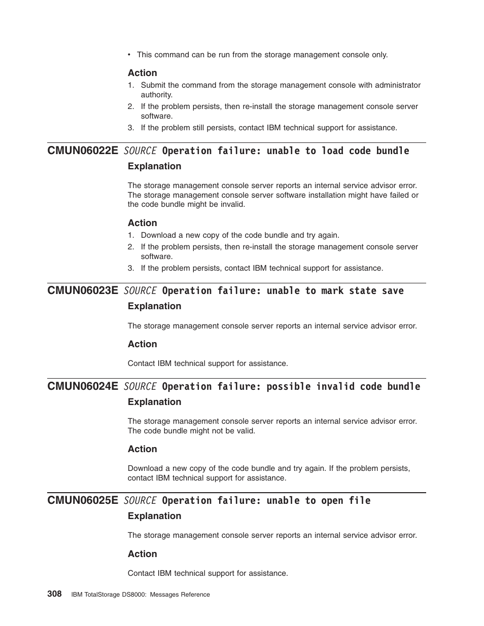 Source, Operation, Failure | Unable, Load, Code, Bundle, Mark, State, Save | IBM TOTAL STORAGE DS8000 User Manual | Page 328 / 374