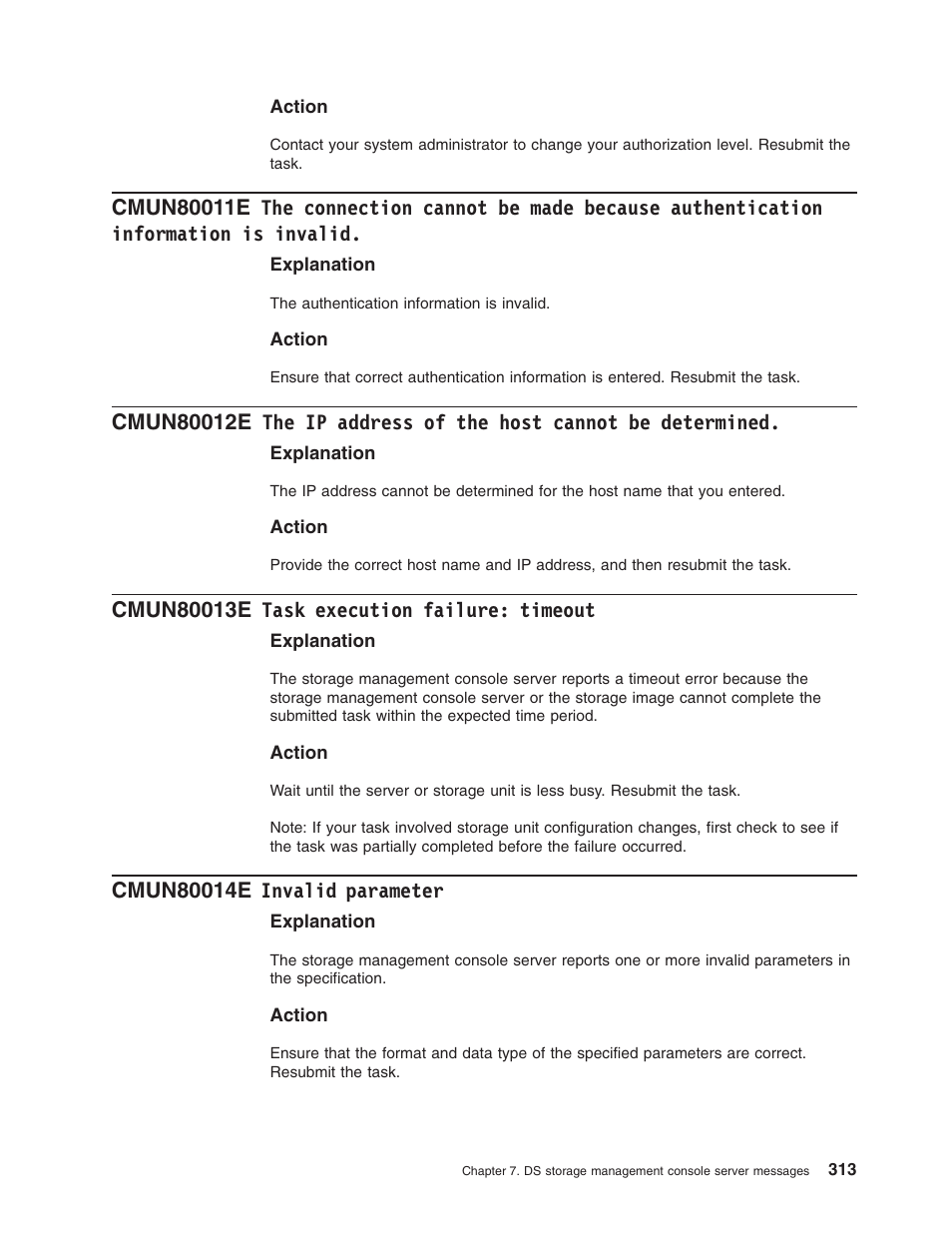 Cmun80013e task execution failure: timeout, Cmun80014e invalid parameter, Connection | Cannot, Made, Because, Authentication, Information, Invalid, Address | IBM TOTAL STORAGE DS8000 User Manual | Page 333 / 374