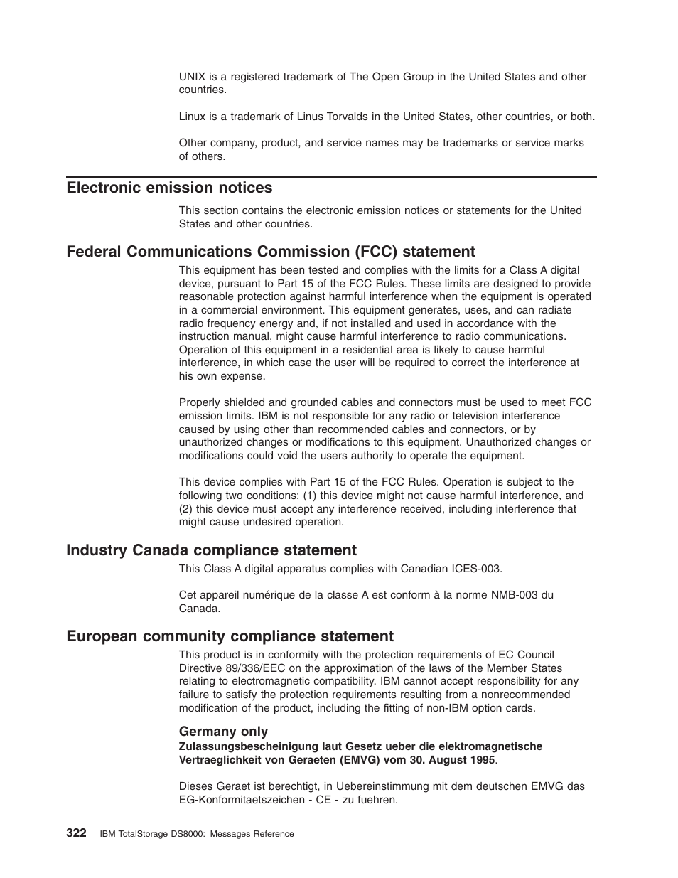 Electronic emission notices, Federal communications commission (fcc) statement, Industry canada compliance statement | European community compliance statement, Germany only, Electronic, Emission, Notices, Federal, Communications | IBM TOTAL STORAGE DS8000 User Manual | Page 342 / 374