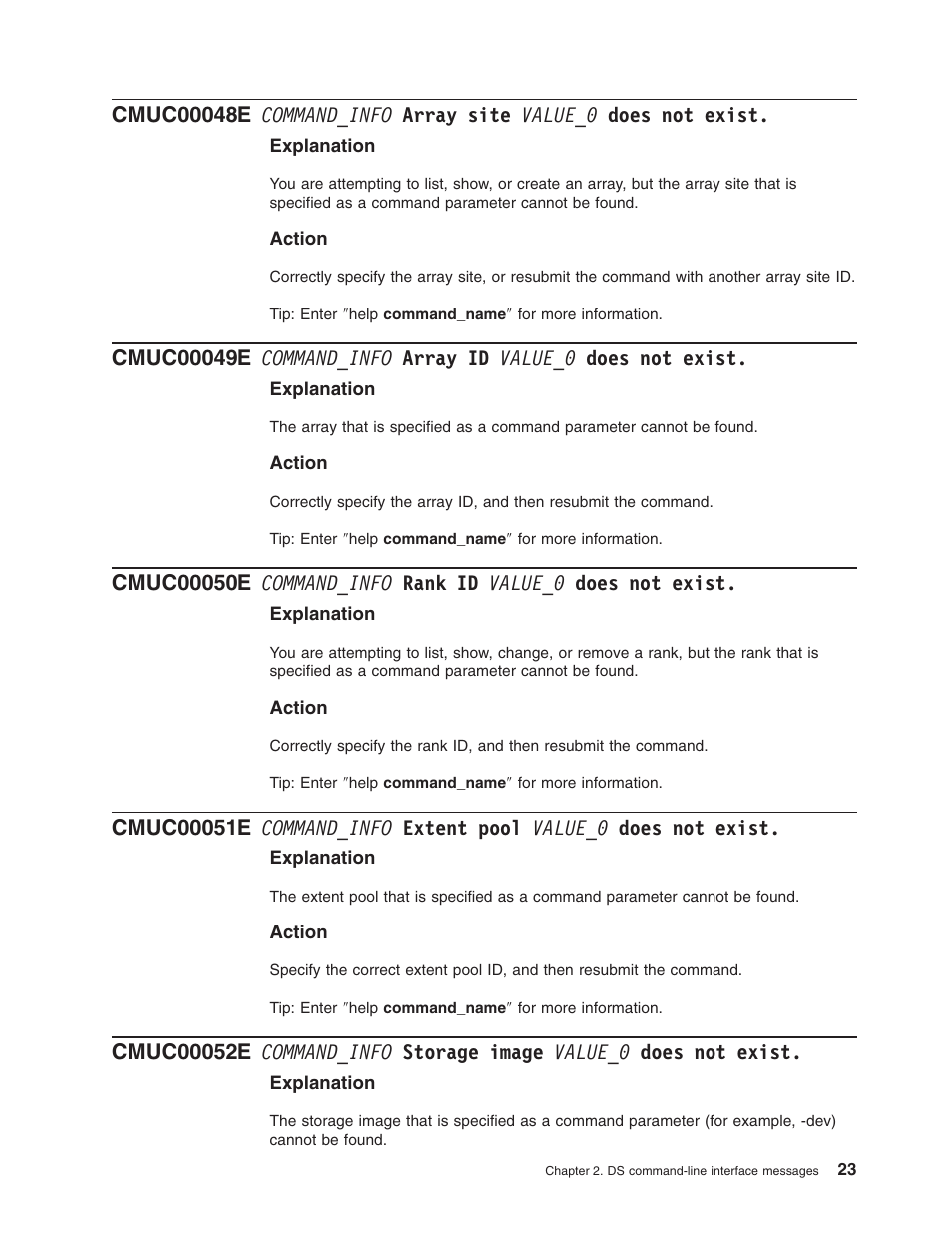 Command_info, Array, Site | Value_0, Does, Exist, Rank, Extent, Pool, Storage | IBM TOTAL STORAGE DS8000 User Manual | Page 43 / 374