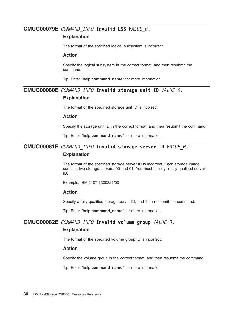 Cmuc00079e command_info invalid lss value_0, Command_info, Invalid | Value_0, Storage, Unit, Server, Volume, Group | IBM TOTAL STORAGE DS8000 User Manual | Page 50 / 374