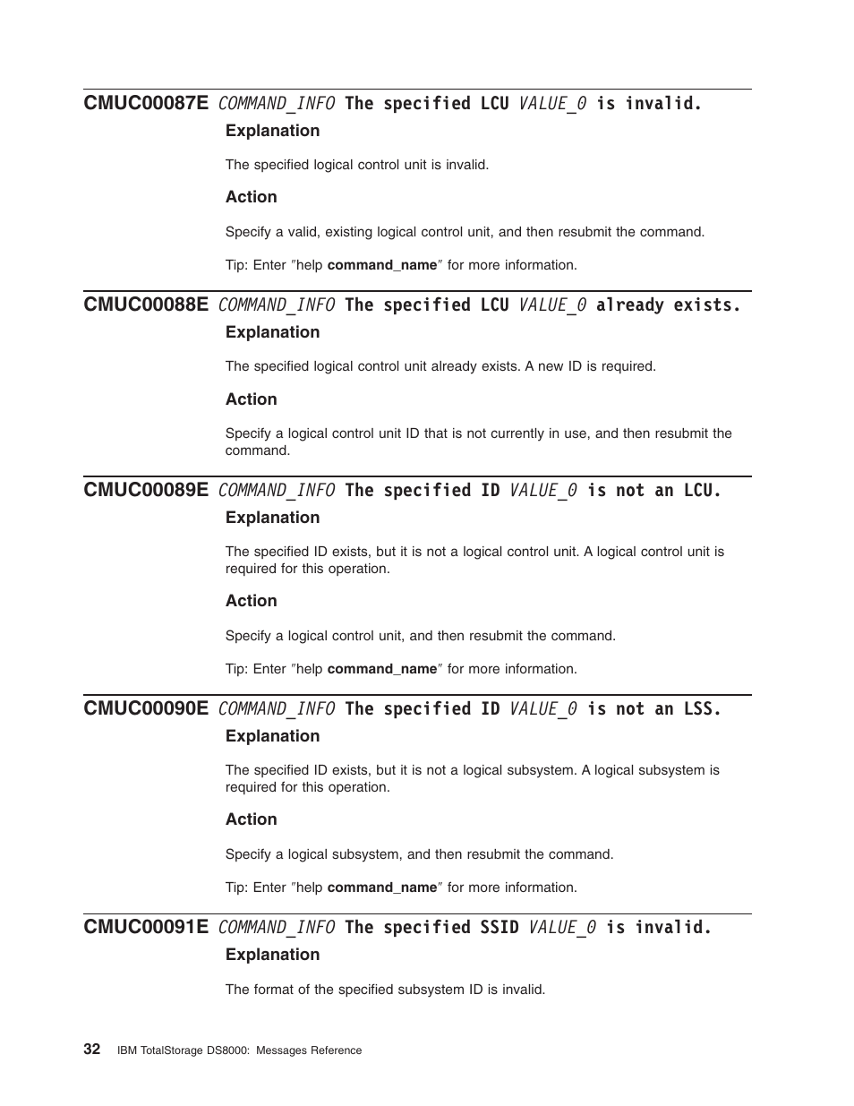 Command_info, Specified, Value_0 | Invalid, Already, Exists, Ssid | IBM TOTAL STORAGE DS8000 User Manual | Page 52 / 374