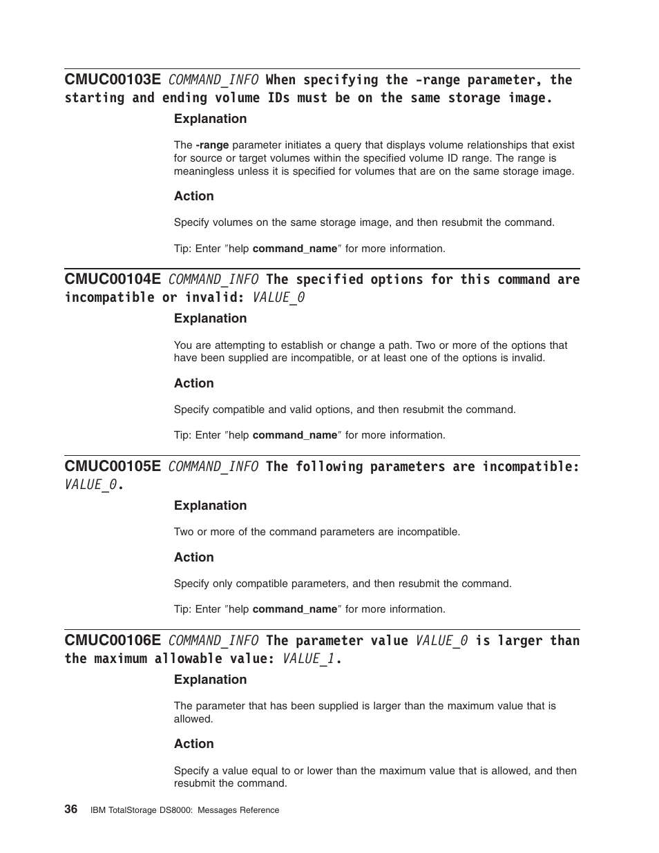 Command_info, When, Specifying | Range, Parameter, Starting, Ending, Volume, Must, Same | IBM TOTAL STORAGE DS8000 User Manual | Page 56 / 374