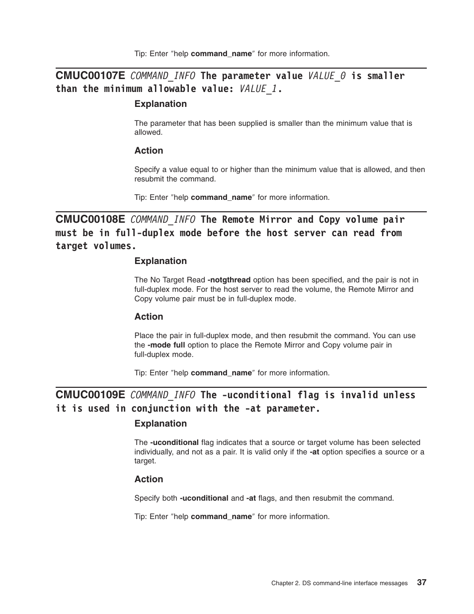 Command_info, Parameter, Value | Value_0, Smaller, Than, Minimum, Allowable, Value_1, Remote | IBM TOTAL STORAGE DS8000 User Manual | Page 57 / 374