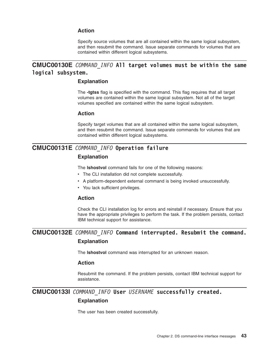Cmuc00131e command_info operation failure, Command_info, Target | Volumes, Must, Within, Same, Logical, Subsystem, Operation | IBM TOTAL STORAGE DS8000 User Manual | Page 63 / 374