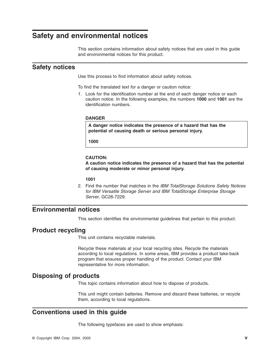 Safety and environmental notices, Safety notices, Environmental notices | Product recycling, Disposing of products, Conventions used in this guide, Safety, Environmental, Notices, Product | IBM TOTAL STORAGE DS8000 User Manual | Page 7 / 374