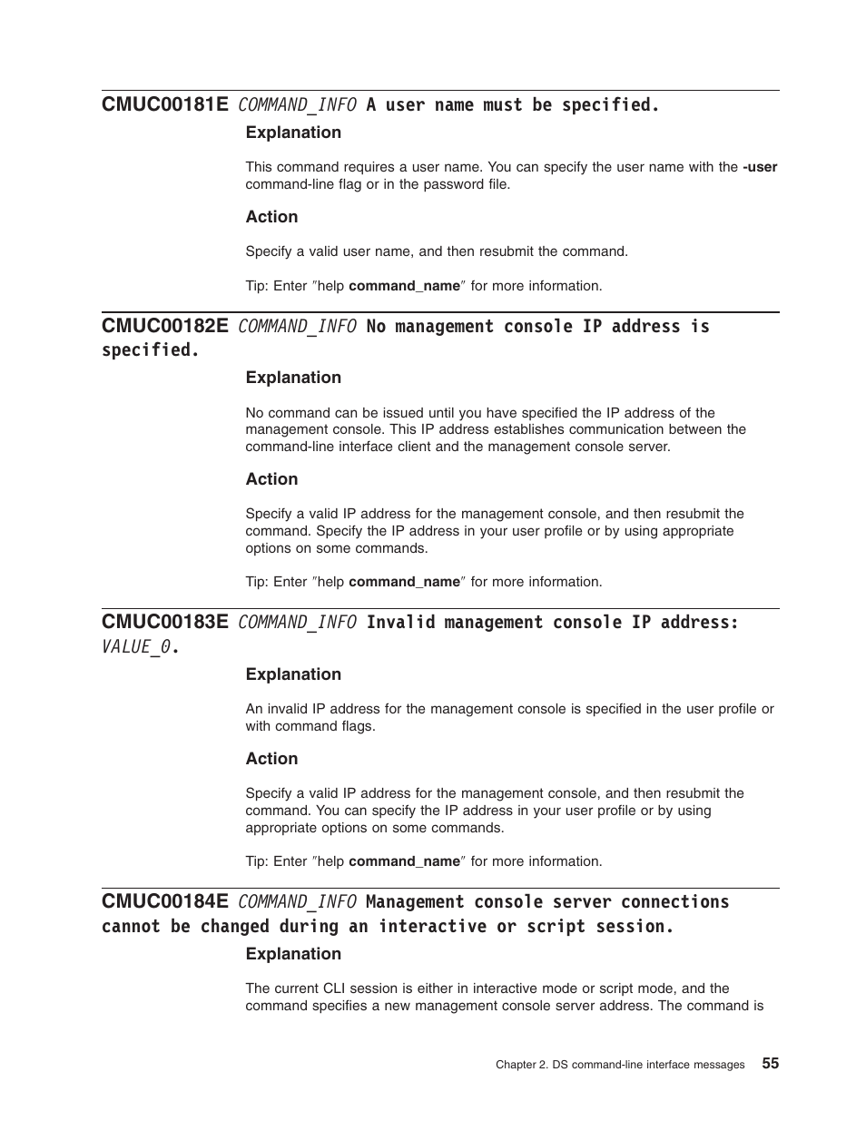 Command_info, User, Name | Must, Specified, Management, Console, Address, Invalid, Value_0 | IBM TOTAL STORAGE DS8000 User Manual | Page 75 / 374