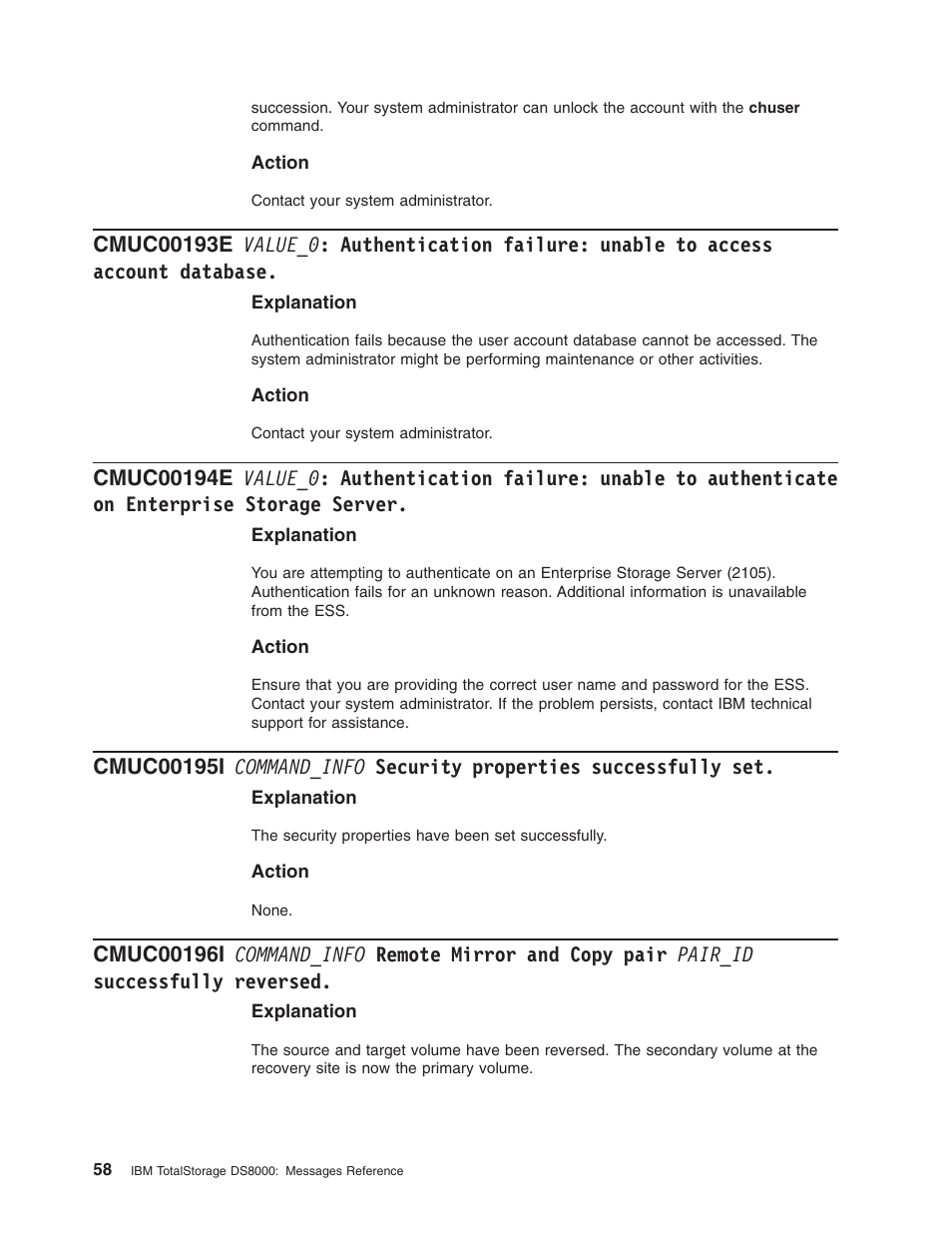 Value_0, Authentication, Failure | Unable, Access, Account, Database, Authenticate, Enterprise, Storage | IBM TOTAL STORAGE DS8000 User Manual | Page 78 / 374