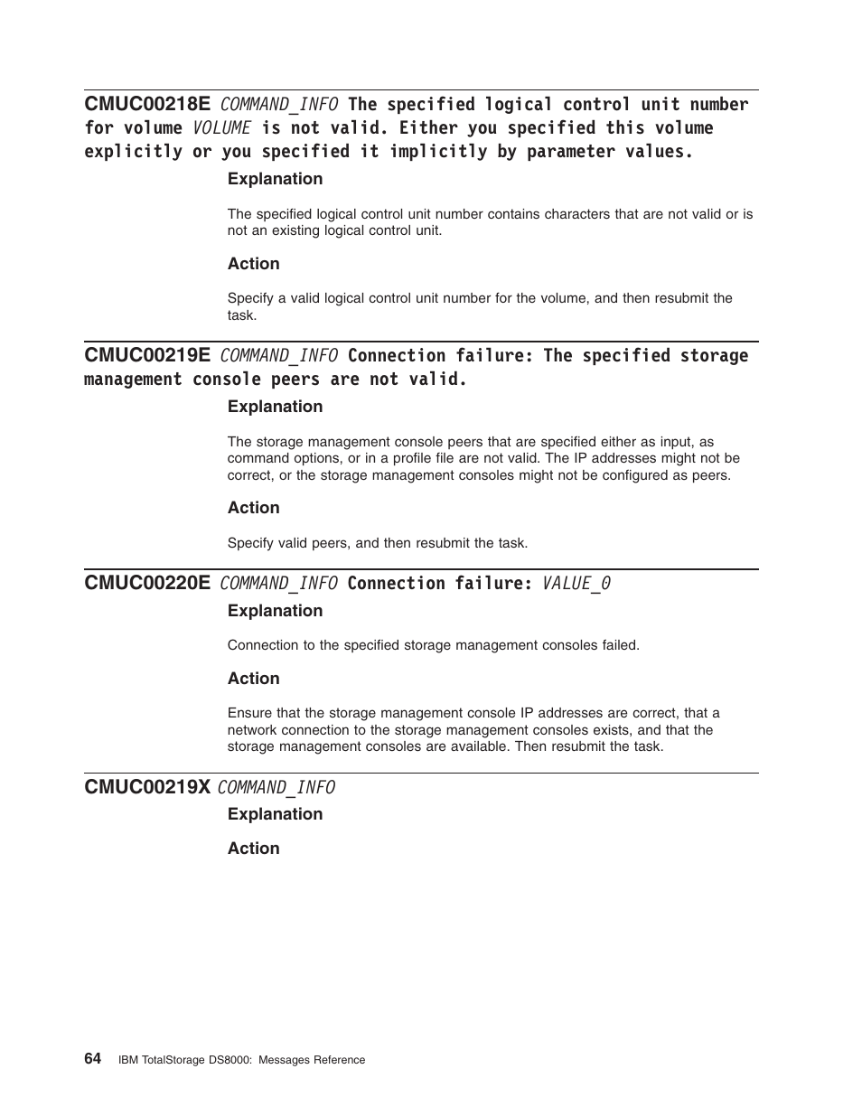 Cmuc00219x command_info, Command_info, Specified | Logical, Control, Unit, Number, Volume, Valid, Either | IBM TOTAL STORAGE DS8000 User Manual | Page 84 / 374