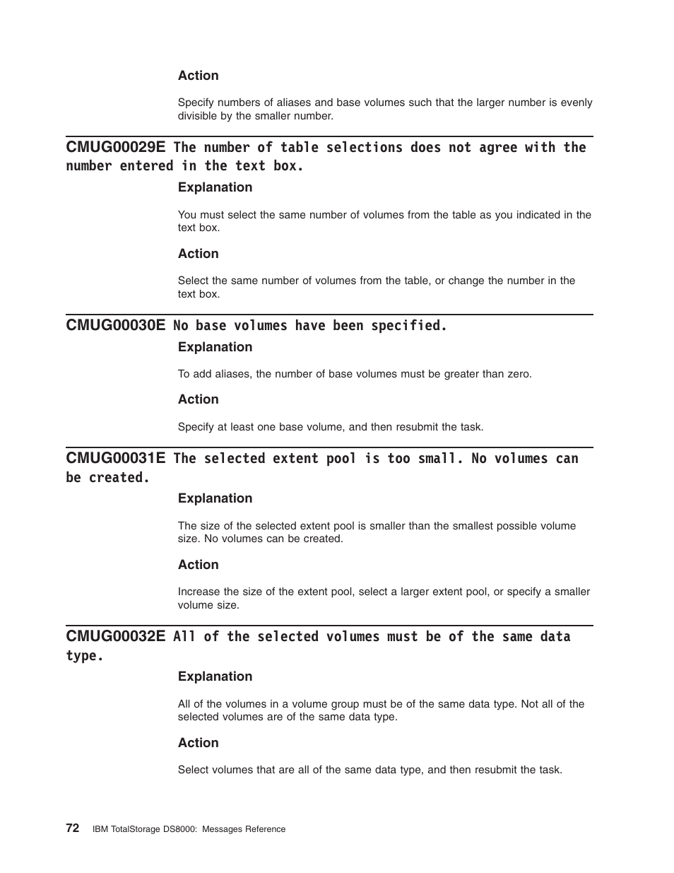 Cmug00030e no base volumes have been specified, Number, Table | Selections, Does, Agree, With, Entered, Text, Base | IBM TOTAL STORAGE DS8000 User Manual | Page 92 / 374