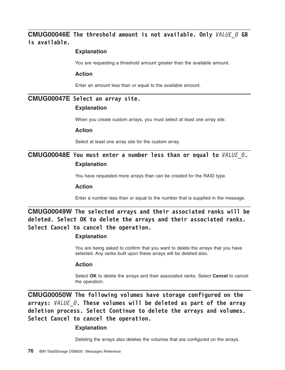 Cmug00047e select an array site, Threshold, Amount | Available, Only, Value_0, Select, Array, Site, Must | IBM TOTAL STORAGE DS8000 User Manual | Page 96 / 374