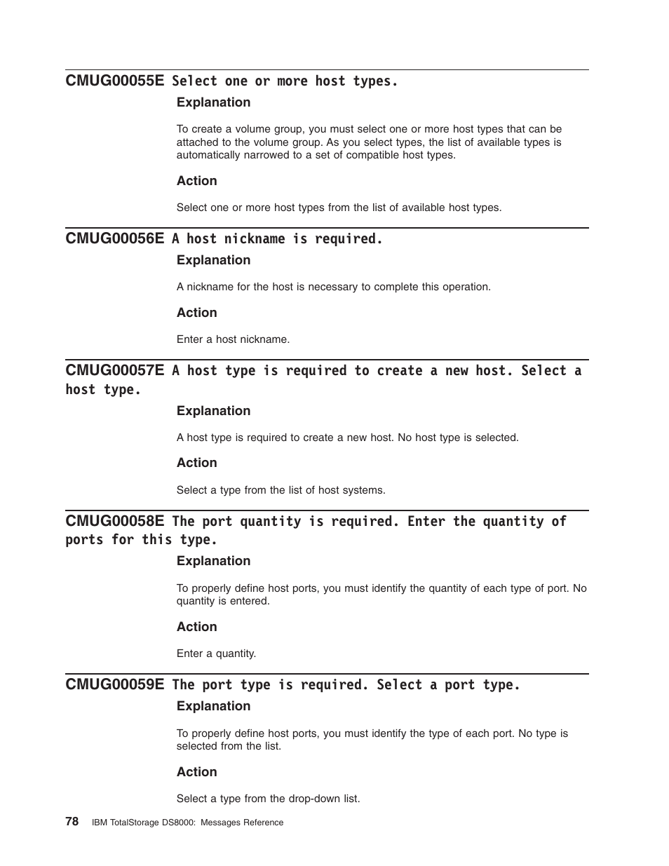 Cmug00055e select one or more host types, Cmug00056e a host nickname is required, Select | More, Host, Types, Nickname, Required, Type, Create | IBM TOTAL STORAGE DS8000 User Manual | Page 98 / 374