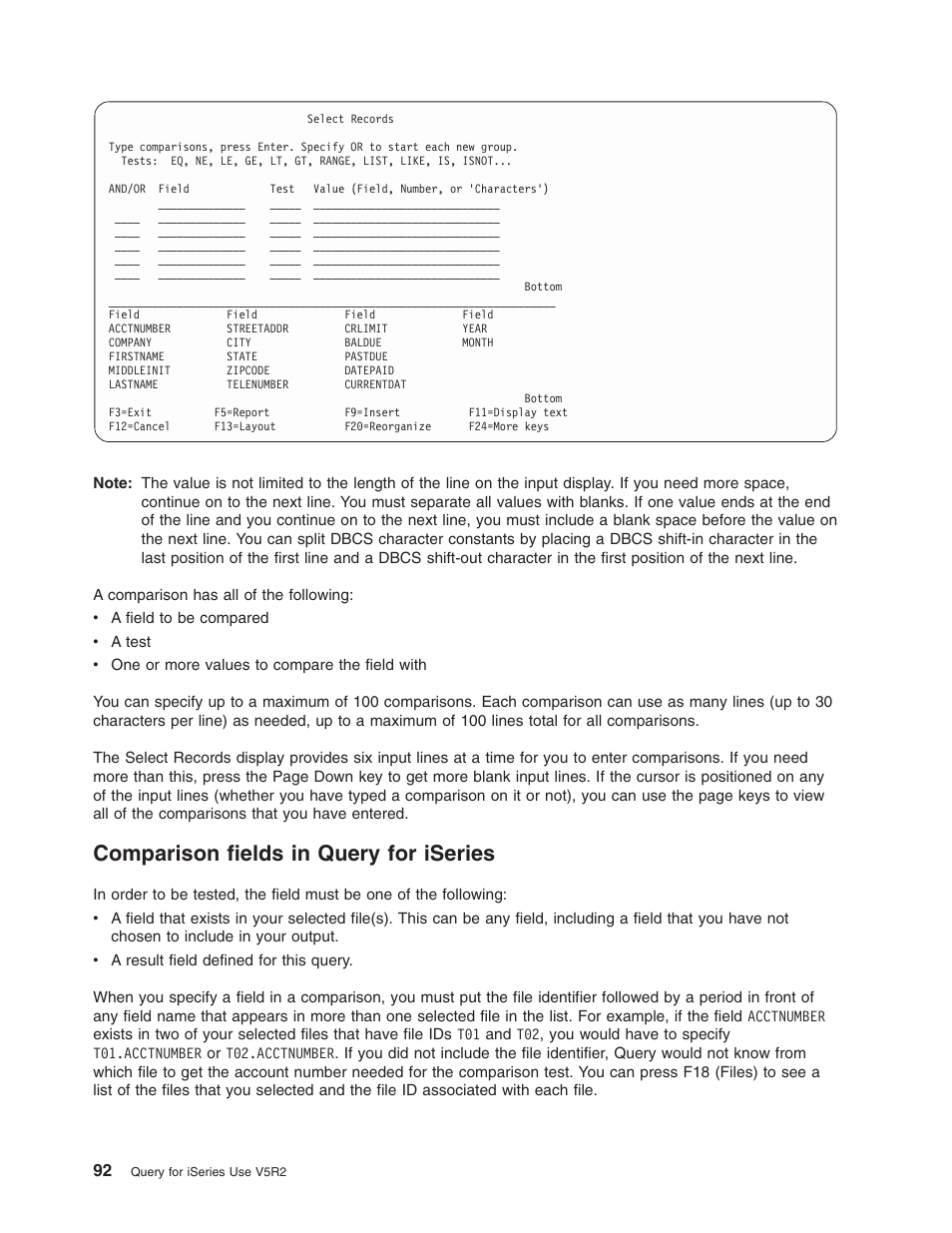 Comparison fields in query for iseries | IBM ISERIES SC41-5210-04 User Manual | Page 104 / 294