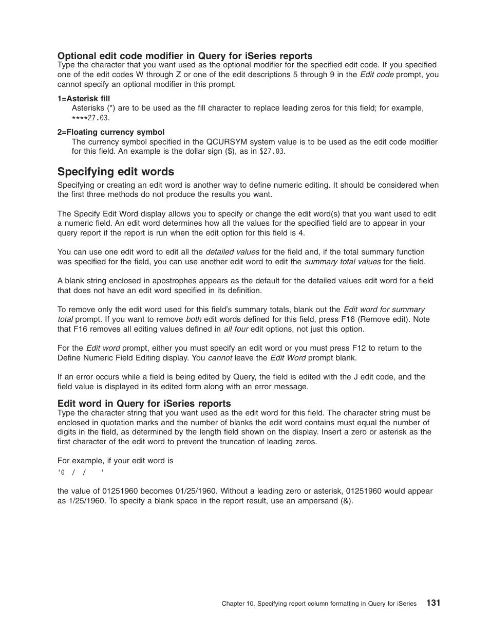 Specifying edit words, Edit word in query for iseries reports | IBM ISERIES SC41-5210-04 User Manual | Page 143 / 294