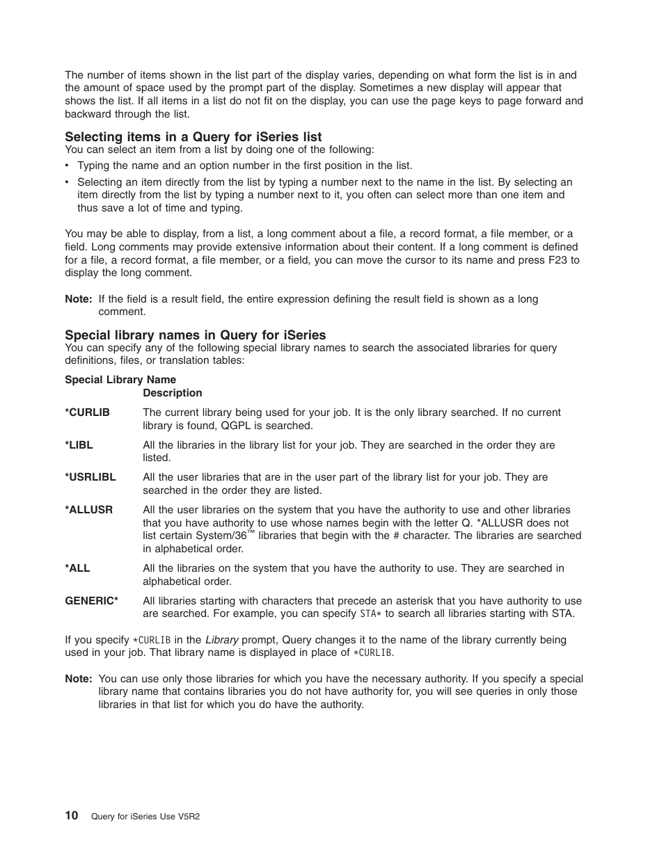 Selecting items in a query for iseries list, Special library names in query for iseries | IBM ISERIES SC41-5210-04 User Manual | Page 22 / 294