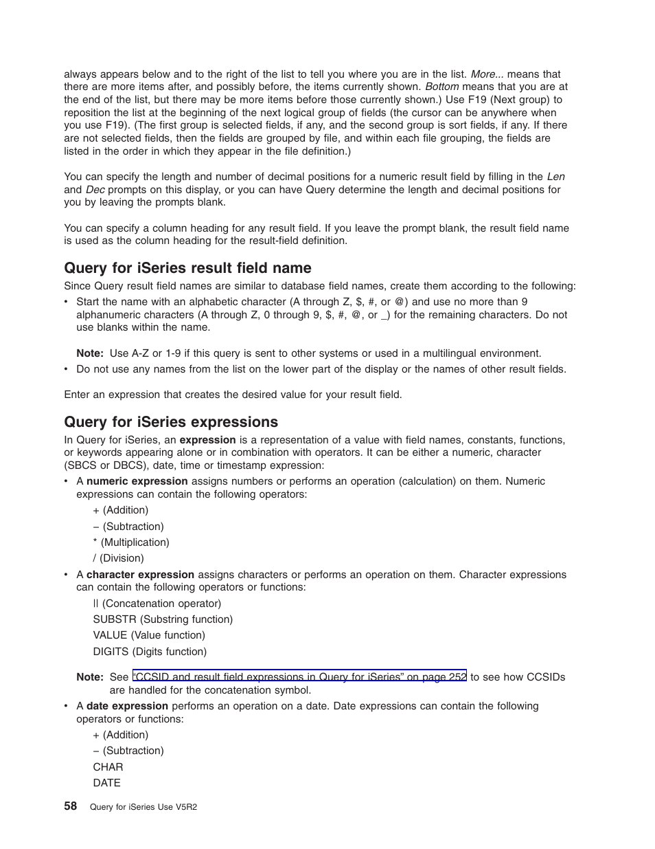 Query for iseries result field name, Query for iseries expressions | IBM ISERIES SC41-5210-04 User Manual | Page 70 / 294