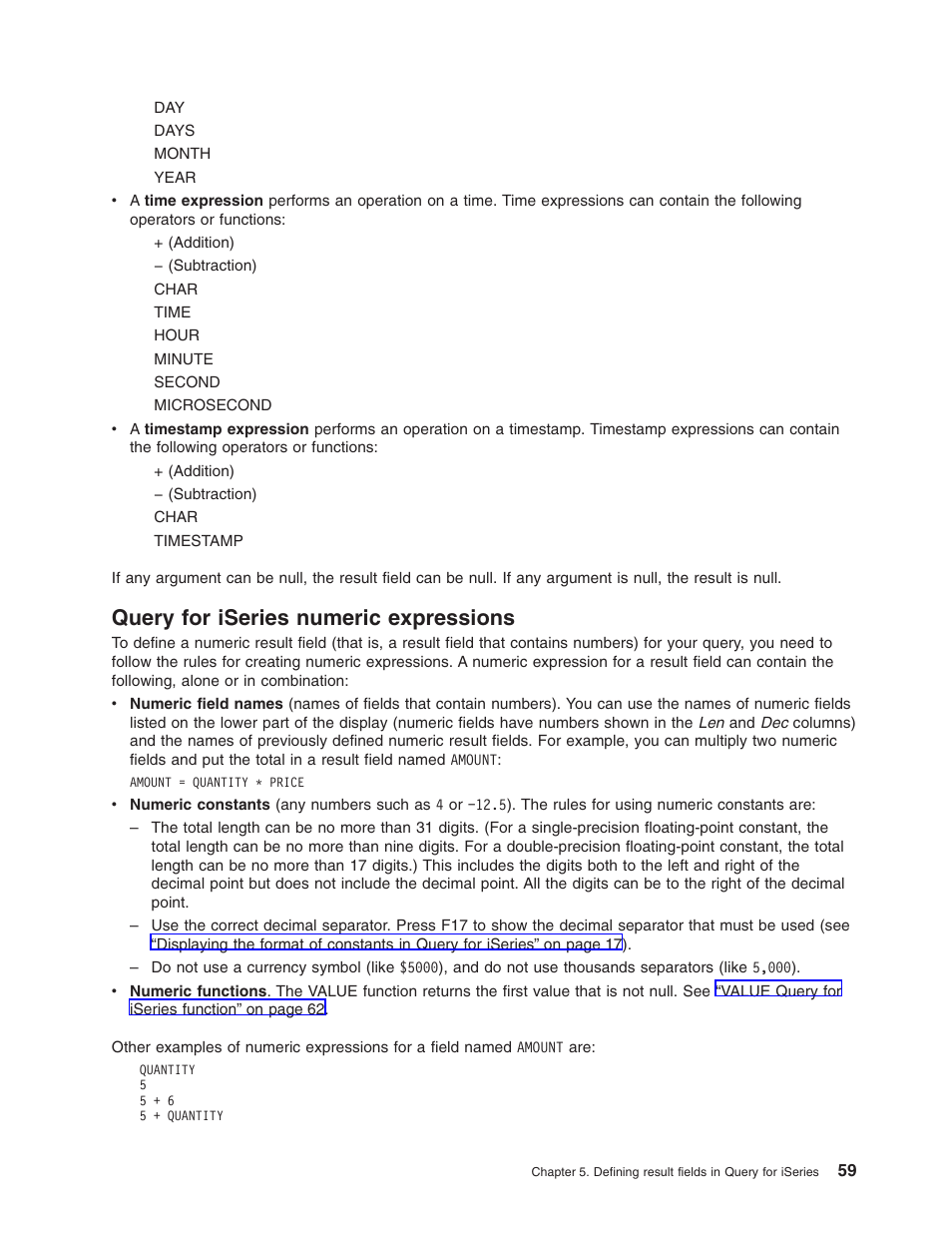 Query for iseries numeric expressions | IBM ISERIES SC41-5210-04 User Manual | Page 71 / 294