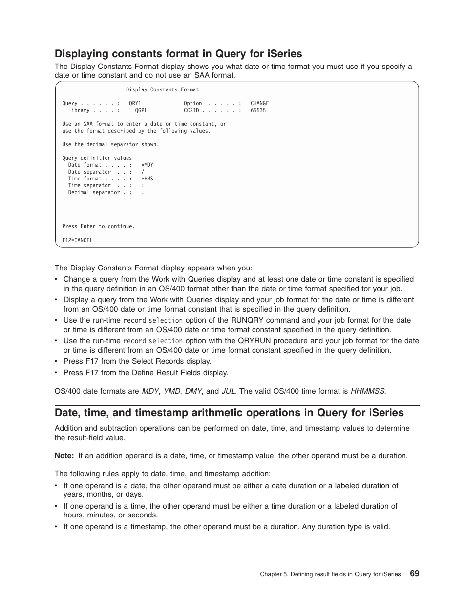 Displaying constants format in query for iseries | IBM ISERIES SC41-5210-04 User Manual | Page 81 / 294