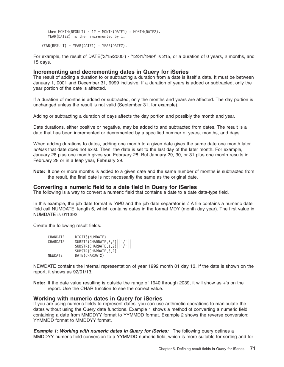 Working with numeric dates in query for iseries | IBM ISERIES SC41-5210-04 User Manual | Page 83 / 294