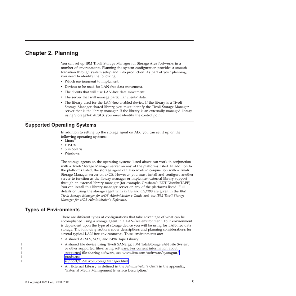 Chapter 2. planning, Supported operating systems, Types of environments | Chapter, Planning, Supported, Operating, Systems, Types, Environments | IBM TIVOLI SC32-0129-00 User Manual | Page 23 / 82