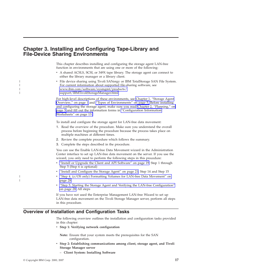 Overview of installation and configuration tasks, Chapter, Installing | Configuring, Tape-library, File-device, Sharing, Environments, Overview, Installation | IBM TIVOLI SC32-0129-00 User Manual | Page 35 / 82