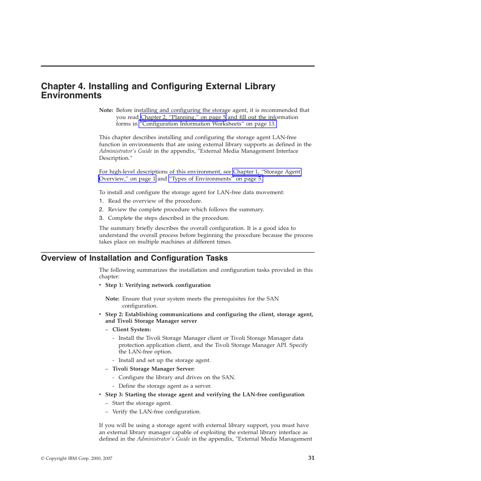 Overview of installation and configuration tasks, Chapter, Installing | Configuring, External, Library, Environments, Overview, Installation, Configuration | IBM TIVOLI SC32-0129-00 User Manual | Page 49 / 82