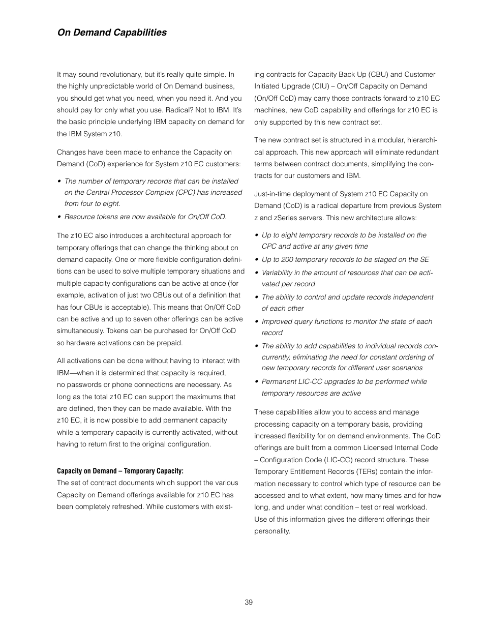 On demand capabilities | IBM Z10 EC User Manual | Page 39 / 67